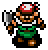 Pixel art character with red-and-white cap, brown beard, green overalls, white shirt, and gray axe; two side-by-side views show different body angles.
