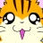 Pixelated cartoon face of a yellow hamster-like character with large black-and-white eyes, pink nose, and orange-brown striped head against light background.