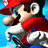 Pixelated image of a character with red cap, white shirt, blue overalls, brown mustache, and open mouth against light blue background.