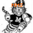 Pixelated character in black-and-white armor with orange text overlays, holding a weapon in a dynamic pose across three views.
