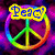 Two rainbow-colored peace signs with yellow text boxes; 'Peace' appears above the left sign and 'Out' below the right sign against a purple-pink pixelated background.