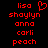 Red pixelated text list on black background with one heart symbol replacing the 'o' in 'lisa' at top-left.