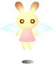 Pixelated bunny with brown eyes, light blue wings, and pink dress floating against gray background.