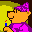 Pixelated character in purple outfit and hat holds blue candle with red tip, cycling through multiple background colors including yellow-green and dark brown.