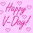 Pixelated pink text 'Happy V-Day' on light pink background with scattered heart shapes.