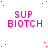 Pink pixelated text 'SUP BIOTCH' repeated across a white background with scattered pink dots, some frames showing two colons after 'BIOTCH'.