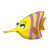 A 3x3 grid of nine animated frames showing a yellow cartoon fish with purple stripes and orange fins in various poses against a white background.