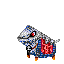 Pixelated character with red eyes and blue-and-white patterned body holding a red object, with a blue speech bubble containing Japanese text.