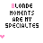 Animated contact sheet of a pixel art icon showing text "BLONDE MOMENTS ARE MY SPECIALTIES" with changing letter colors and small heart symbols in various positions across 14 frames.