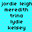 Pixelated text names on a cyan background with pink dots, arranged in two vertical with repeated names