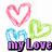 Pixelated icon with three heart outlines and text reading 'my Love' in stylized lettering.