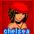 Pixelated icon of a person with brown hair wearing red headwear and a black choker, standing against a solid red background with blue text reading 'chelsea' at the bottom.