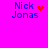 Pixelated text 'Nick Jonas' on bright pink background with red heart and orange dot animations.
