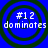 Four identical circular icons with blue backgrounds and dark green rings display white text reading "#12 dominates" in a pixelated font.