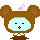 Pixelated character with brown bear-ear hood, light blue face, black eyes, and pink mouth; four variations show different expressions and floating musical notes.
