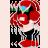 Pixelated vertical image with red floral shapes, green foliage, and dark background elements, featuring white accents and a light gradient backdrop.