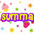 Pixelated graphic with yellow text 'SUMMA' and '08' outlined in purple, surrounded by colorful star and cupcake shapes on white background.