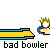 Animated sequence of a cartoon character bowling with blue ball, yellow lane, and gray background showing motion from stance to roll.