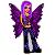 Pixelated animated buddy icon featuring a winged fairy character with purple hair and wings on left, green text logo on right against gray background.