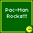 Green square with yellow border displays "Pac-Man Rocks!!!" text and a Pac-Man icon in the bottom-right corner.