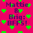 Pixelated text and green hearts on a bright pink background with repeated 'Mattie & Brig: BFFS!' phrases.