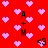 Red background with pink pixelated hearts and black text 'A + M' repeated, plus a few heart-eyes symbols.