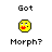 Pixelated yellow circular icon with black outline showing three distinct facial expressions above 'Got' and 'Morph?' text on gray background.