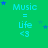 Green background with repeated 'Music = Life <3' text and blue stars, partially cropped on the right side.