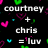 Pixelated black background with scattered colorful heart shapes and white text reading 'courtney + chris = luv' in a retro digital style.