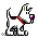 Pixel art animation of a cartoon dog with red collar and purple nose in five sequential poses on gray background.