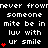 Black background with white pixelated text reading 'never frown someone mite be in luv with ur smile' and red heart symbols, arranged in a pattern
