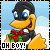 Pixelated cartoon penguin mascot holding a gift box with red bow, smiling widely in two side-by-side frames showing identical pose and expression.