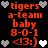 Red text and pixel hearts on black background with repeated 'tigers a-team baby 8-0-1 <3:)' text blocks and heart color changes across observations.