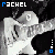 A grayscale animated icon shows a person playing an electric guitar, with the name 'RACHEL' displayed in blue and white text above.