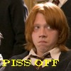A static image of a person with light brown hair wearing a dark robe over a white collared shirt and dark tie, with yellow text reading 'PISS OFF' at the bottom.