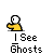 Animated contact sheet of a 4x4 grid showing sequential frames from an animated buddy icon featuring a yellow stick figure and white ghost shapes with text "I See Ghosts" below each frame.