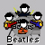 Pixelated group of five figures with black hair and white faces, playing instruments on a gray platform beneath text reading "Beatles".