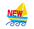 A 3x3 grid of nine identical animated frames showing a cartoon sailboat with yellow sails, blue and yellow striped hull, red "NEW" text on the deck, and blue wave swirls beneath it against a gray background.