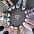 A circular arrangement of cartoon-style figures with varied clothing colors surrounding a central heart symbol on dark gray background.