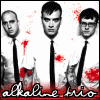 Three men in white shirts and black ties stand against a red-splattered background with 'alkaline trio' text below.