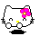 Pixel art of a white cat with pink flower on head, yellow nose, and black whiskers; left view shows closed eyes and open mouth, right view shows one eye open and heart symbol.