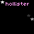 Pixelated text 'hollister' in pink appears multiple times on a black background with scattered white and gray stars.