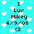 Pixelated cyan background with white heart shapes and black text reading "I Luv Mikey 4/9/08 <3" arranged in two vertical