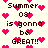 Pixelated text 'Summer 08' is gonna be GREAT!!' surrounded by pink hearts on a light background.
