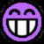 Three circular pixelated icons with wide grinning mouths and closed eyes, colored purple, pink, and teal on a black background.