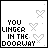 A 5x5 contact sheet of animated frames showing the phrase "YOU LINGER IN THE DOORWAY" with changing text colors across each frame, set against a white background with faint gray heart and scissors icons.