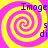 Four identical yellow and pink spiral patterns arranged in a with blue text overlays on a yellow background