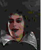 A vertical sequence of five animated frames showing a person with dark hair and silver collar against black background, expressions shifting from neutral to smiling.