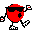Red pixelated character with black sunglasses, white shoes, and red-and-white hands in walking animation.