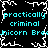Pixelated cyan text repeats across a black background with white crackle effects, forming a wordwall of 'practically criminal' and 'unicorn Bred' fragments.